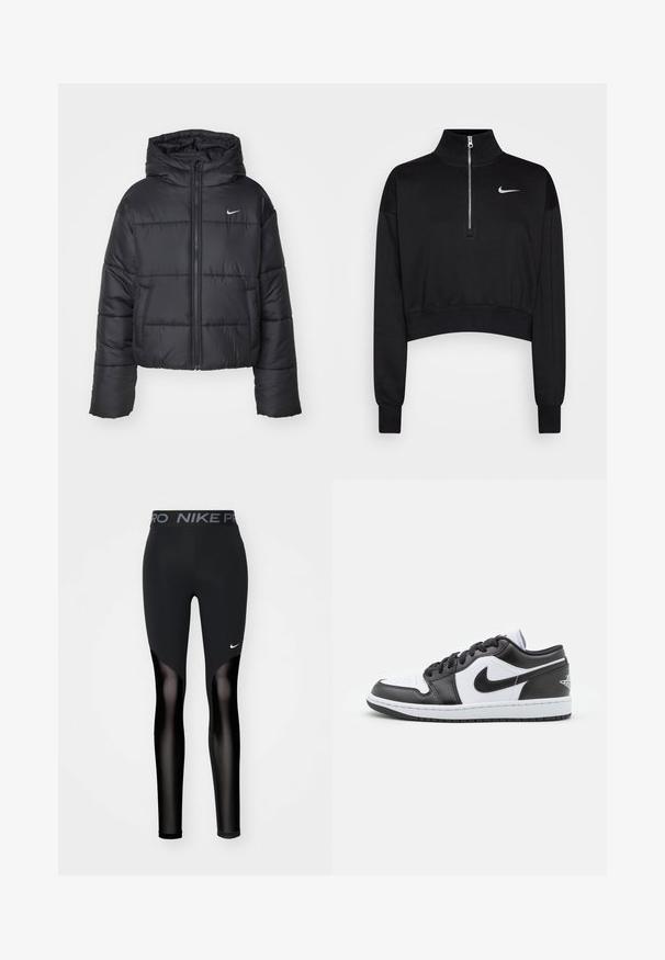 Giubbotto imbottito nero in nylon, con zip frontale, cappuccio e due tasche frontali. Il design presenta sezioni cucite e un piccolo logo.; Felpa nera corta con colletto alto, chiusura a mezzo zip, polsini a coste e un piccolo logo Nike bianco sul petto sinistro. Tessuto morbido.; Leggings atletiche nere con un design a pannelli in rete. Presentano una vita ampia con la scritta "NIKE PRO" e un piccolo logo bianco sul davanti.; Le sneaker Nike a basso profilo in bianco e nero presentano una tomaia in pelle liscia, punta rotonda, chiusura con lacci e una suola in gomma con un motivo.