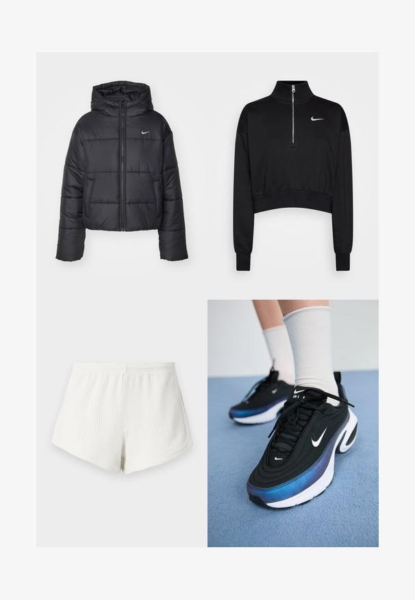 Musta puhallettava takki, joka on valmistettu nylonsesta, varustettu vetoketjukiinnityksellä, hupulla ja kahdella etutaskulla. Suunnittelussa on brodeerattuja osia ja pieni logo.; Musta lyhytcropped-huppari, jossa on korkea kaulus, puolivetoketju, ribbireunukset ja pieni valkoinen Nike-logo vasemmassa rinnassa. Pehmeä kankaan rakenne.; Valkoiset ribbiteksturilla varustetut shortsit, joissa on joustava vyötärö, rento istuvuus ja kaareva helma. Takasaumadetail näkyvissä.; Mustat Nike-tennarit, joissa on sileä kangaspinta, gradientti sinisestä mustaan -design, valkoinen pohja ja erottuvat logokatkaisijat.
