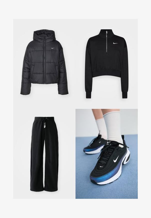 Fekete pehelydzseki, amely nejlonból készült, elöl cipzárral, kapucnival és két elülső zsebbel rendelkezik. A dizájnja varrott részeket és egy kis logót tartalmaz.; Fekete, rövidített pulóver magas gallérral, fél cipzárral, bordázott mandzsettákkal és egy kis fehér Nike logóval a bal mellen. Puha szövet textúra.; Fekete futó nadrág puha anyagból, húzózsinórral a derékon és laza szabással. Minták nélkül. Egyszerű kialakítás, bokáig érő szegéllyel és oldalsó zsebekkel.; Fekete Nike sportcipők sima szövet felsőrésszel, kék-fekete gradiens dizájnnal, fehér talppal és feltűnő logókkal.