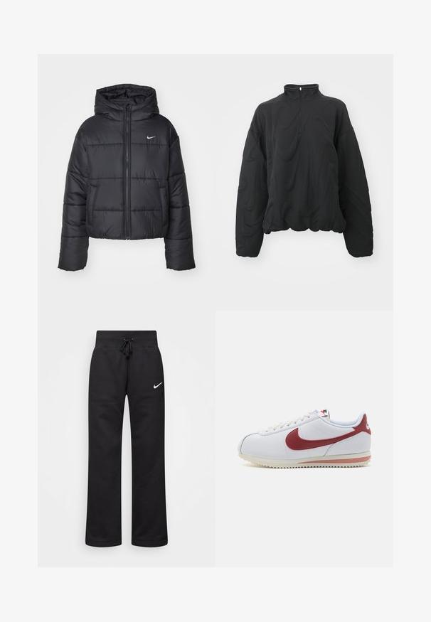 Svart puffjacka i nylon, med dragkedja fram, huva och två framfickor. Designen inkluderar stickade sektioner och en liten logotyp.; Nike Sportswear COZY LOGO - Sweatshirt - black; Svarta sweatpants i bomullsblandning, med dragsko i midjan, raka ben och en vit Nike-logga på vänster sida.; Vit sportskor med röd swoosh, texturerad läderöverdel, platta snören, gummisula och zick-zack mönster på yttersulan.