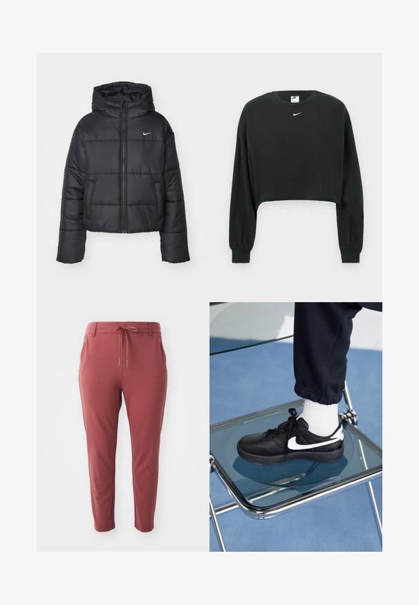 Svart puffjacka i nylon, med dragkedja fram, huva och två framfickor. Designen inkluderar stickade sektioner och en liten logotyp.; Svart kort sweatshirt i bomullsblandning, med långa ärmar, ribbade muddar och en liten vit Nike-logga på bröstet.; Röda stretchiga byxor med dragsko i midjan, avsmalnande ben och sidofickor, med en mjuk textur och en avslappnad design.; Svarta Nike-sneakers med vita detaljer, med en slät läderstruktur, snörningsdesign och rund tå, placerade på en glasstol.