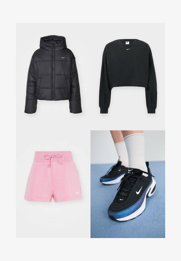 Juodas pūkinis švarkas, pagamintas iš nailono, su užtrauktuku šone, gobtuvu ir dviem priekiniais kišenėmis. Dizainas apima siūtas dalis ir mažą logotipą.; Juodas trumpintas džemperis iš medvilnės mišinio, su ilgomis rankovėmis, ribotais rankogaliais ir mažu baltu „Nike“ logotipu ant krūtinės.; Rožinės medvilnės šortai su elastinga juosta ir raišteliu. Yra šoninės kišenės ir mažas baltas Nike logotipas ant kojos.; Juodi Nike sportbačiai su glotna audinio viršutine dalimi, turintys gradientinį mėlynos ir juodos spalvos dizainą, baltą pado dalį ir akcentuotus logotipus.