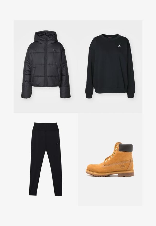 Juodas pūkinis švarkas, pagamintas iš nailono, su užtrauktuku šone, gobtuvu ir dviem priekiniais kišenėmis. Dizainas apima siūtas dalis ir mažą logotipą.; Juodas medvilninis džemperis su apvaliu kaklu, ilgomis rankovėmis, raukšlėtomis rankogaliais ir apačia, su baltu Jumpman logotipu krūtinėje.; Even&Odd active ESSENTIAL FULL LENGTH HIGH RISE LEGGINGS - Tamprės - black; Rudos odinės aulinės batai iki kulkšnies su juodu paminkštinimu, auksiniais kabliukais ir tekstūruotu padu. Ant šono yra apvalus logotipas ir siuvinėjimo akcentai.