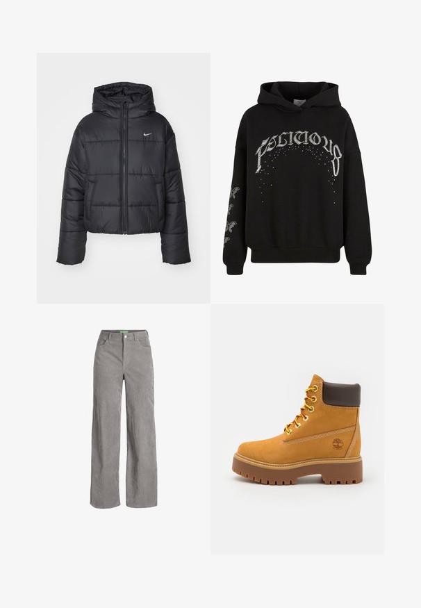 Juodas pūkinis švarkas, pagamintas iš nailono, su užtrauktuku šone, gobtuvu ir dviem priekiniais kišenėmis. Dizainas apima siūtas dalis ir mažą logotipą.; Juodas gobtuvas megztinis, pagamintas iš minkštos medžiagos, su baltu spaudiniu ir raštais, kremzlės detalėmis ant rankovių.; Pilkos velveto plačios kojos kelnės su mygtuko uždarymu ir diržo kilpomis. Yra dvi šoninės kišenės ir minkšta, tekstūruota medžiaga.; Kavos spalvos vandeniui atsparūs auliniai batai su tvirtu gumuotu padu, apvalia nosimi, rudos odos apykakle, geltonomis raištelėmis ir logotipu šone.