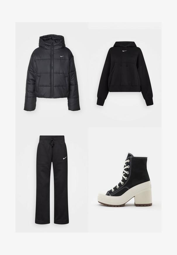 Juodas pūkinis švarkas, pagamintas iš nailono, su užtrauktuku šone, gobtuvu ir dviem priekiniais kišenėmis. Dizainas apima siūtas dalis ir mažą logotipą.; Juodas pasagos modelio suknelė, pagaminta iš minkštos medžiagos, turinti sutraukiamą kapučino, priekinę kengūros kišenę ir mažą baltą "Nike" logotipą ant krūtinės.; Juodos medvilnės blend'o treninginės kelnės su raišteliu juosmens srityje, tiesiomis kojomis ir baltu Nike logotipu kairėje pusėje.; Juodos aukštos botai su baltais raišteliais, tekstūruota medžiaga, kreminės spalvos platforma ir blokiniu kulnu. Yra baltas siuvinėjimas ir guminis pirštas.