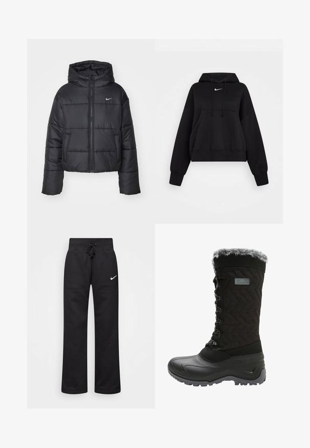 Jachetă puffer neagră din nailon, cu fermoar în față, glugă și două buzunare frontale. Designul include secțiuni cusute și un mic logo.; Un hanorac scurt, negru, realizat dintr-un material moale, având glugă cu șnur, buzunar frontal tip kangaroo și un mic logo alb Nike pe piept.; Pantaloni de sudură negri dintr-un amestec de bumbac, cu un talie elastică cu șnur, picioare drepte și un logo alb Nike pe partea stângă.; Botine negre de iarnă cu un superior din țesătură texturată, garnitură din blană sintetică, față cu șiret și talpă din cauciuc pentru tracțiune. Prezintă un model în zigzag.