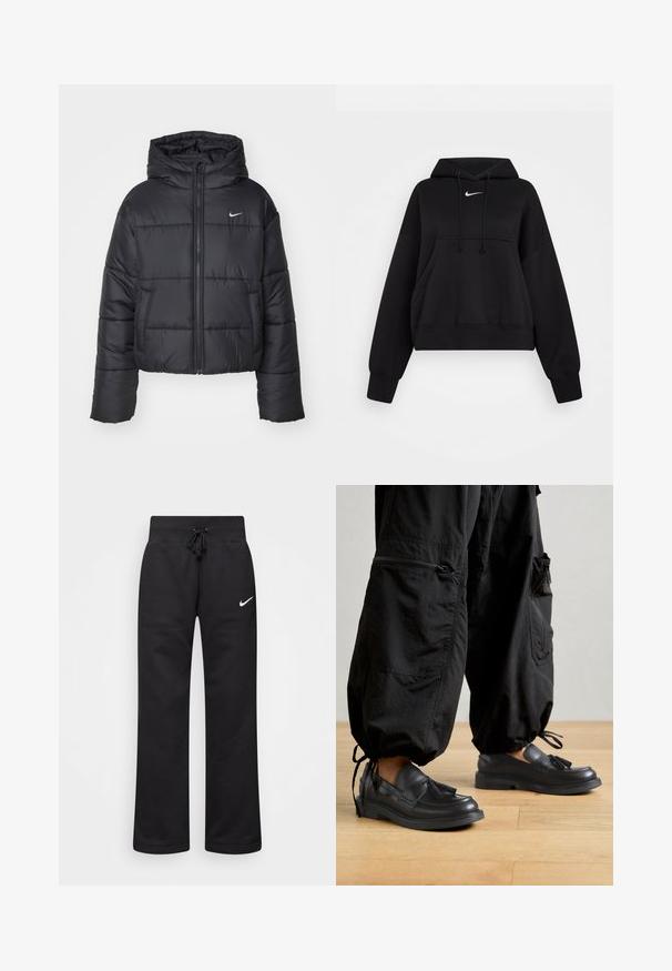 Veste matelassée noire en nylon, avec fermeture éclair sur le devant, capuche et deux poches avant. Le design comprend des sections cousues et un petit logo.; Hoodie noir court en tissu doux, avec une capuche à cordon, poche kangourou avant et un petit logo Nike blanc sur la poitrine.; Pantalons de survêtement noirs en mélange de coton, dotés d'une taille élastique avec cordon de serrage, de jambes droites et d'un logo Nike blanc sur le côté gauche.; Geox SERILDA - Chaussons - black