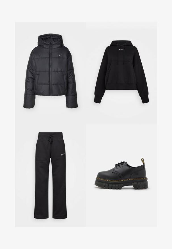 Svart boblejakke laget av nylon, med glidelås i front, hette og to frontlommer. Designet inkluderer sydd seksjoner og en liten logo.; Svart cropped hoodie laget av mykt stoff, med hette med snor, frontlomme i kenguru-stil og en liten hvit Nike-logo på brystet.; Sorte joggebukser laget av en bomullsblanding, med strikk i midjen, rette ben, og en hvit Nike-logo på venstre side.; Sorte skinnsko med en tykk, teksturert såle. Funksjoner inkluderer gul søm, avrundet tå og en løftestrop på hælen.