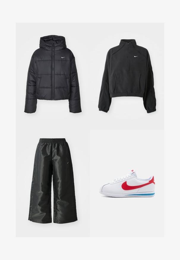 Crna puf jakna izrađena od najlona, s patentnim zatvaračem sprijeda, kapuljačom i dva prednja džepa. Dizajn uključuje šivene dijelove i mali logo.; Crni flis pulover s visokim ovratnikom, prednjim zatvaračem na pola i elastičnim rubom. Ima kenguru džep i bijeli Nike logo na prsima.; Crne sportske hlače od sjajnoga, glatkog materijala, s elastičnim pojasom, širokim nogavicama i malim logom na lijevoj strani.; Bijele tenisice s crvenim swooshom, plavim akcentom na potplatu i bijelim vezicama. Tekstuirani gornji dio s ušivenim detaljima. Klasičan dizajn.