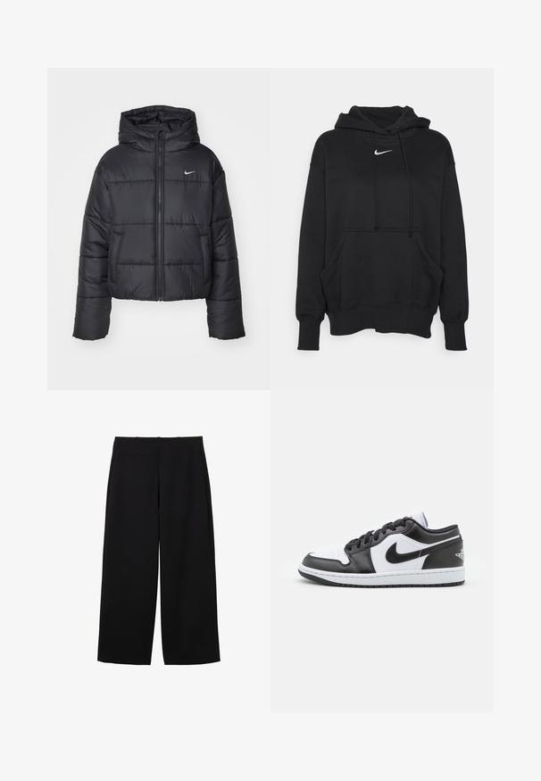 Zwarte pufferjack van nylon, met een rits aan de voorkant, een capuchon en twee vo pockets. Het ontwerp heeft gestikte secties en een klein logo.; Zwarte hoodie gemaakt van zacht materiaal, met een voorzak in kangoeroestijl, geribbelde manchetten en een klein wit Nike-logo op de borst.; Zwarte wijde broek gemaakt van een gestructureerde stof met een hoge taille, voorzien van voorplooien en een strakke uitstraling. Geen zichtbare zakken of metalen onderdelen.; Zwart-witte Nike lage sneakers hebben een glad leren bovenwerk, een ronde neus, vetersluiting en een gestippelde rubberen zool.
