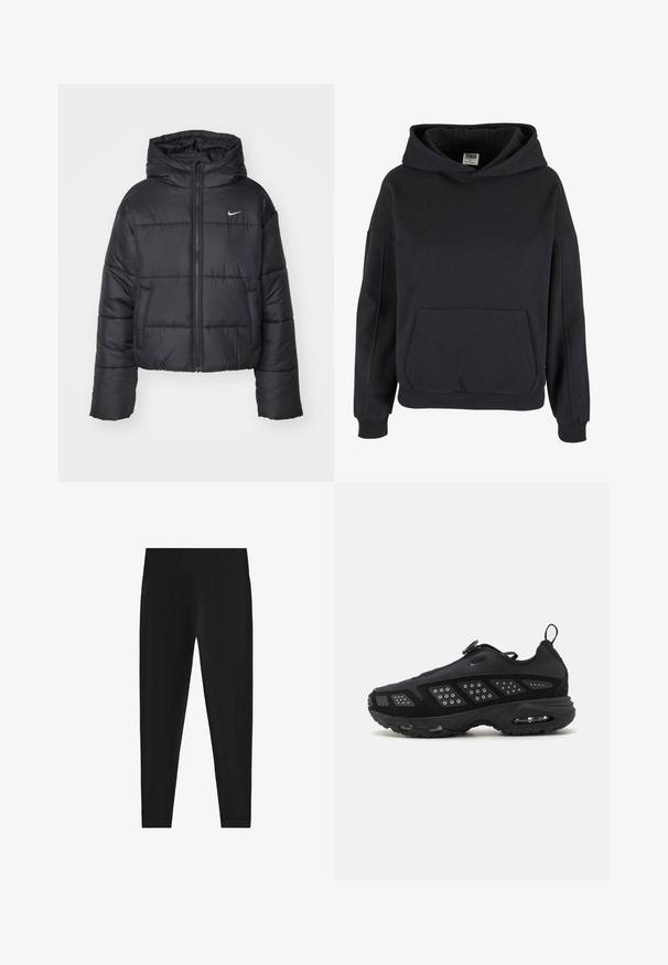 Sort pufferjakke lavet af nylon, med lynlåslukning foran, hætte og to forlommer. Designet inkluderer syede sektioner og et lille logo.; Sort bomulds hættebluser med en rummelig kængurulomme, stor hætte, ribbede manchetter og kant. Enkel, pullover design uden synlige mønstre.; Sorte leggings lavet af et strækbart stof. Har en bred, ribbet talje og en tætsiddende silhuet, der snævrer ind ved anklerne.; Sort atletisk sko med en dæmpet sål, mesh-overdel og strukturerede accenter. Inkluderer en pull tab og cirkulær lukning på toppen.