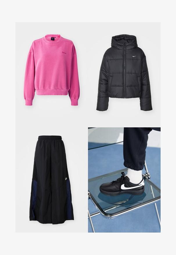 Černá péřová bunda vyrobená z nylonu, s předním zipem, kapucí a dvěma předními kapsami. Design zahrnuje prošívané části a malé logo.; Růžová mikina s kulatým výstřihem, dlouhými rukávy a žebrovanými manžetami. Má jemnou texturu a malou výšivku loga na přední straně.; Černé kalhoty širokého střihu vyrobené z lehkého materiálu, s námořnickou modrou bočním panelem a elastickým pasem. Malé bílé logo na spodní části.; Černé tenisky Nike s bílými akcenty, s hladkou koženou texturou, šněrovacím designem a zaoblenou špičkou, umístěné na skleněné židli.
