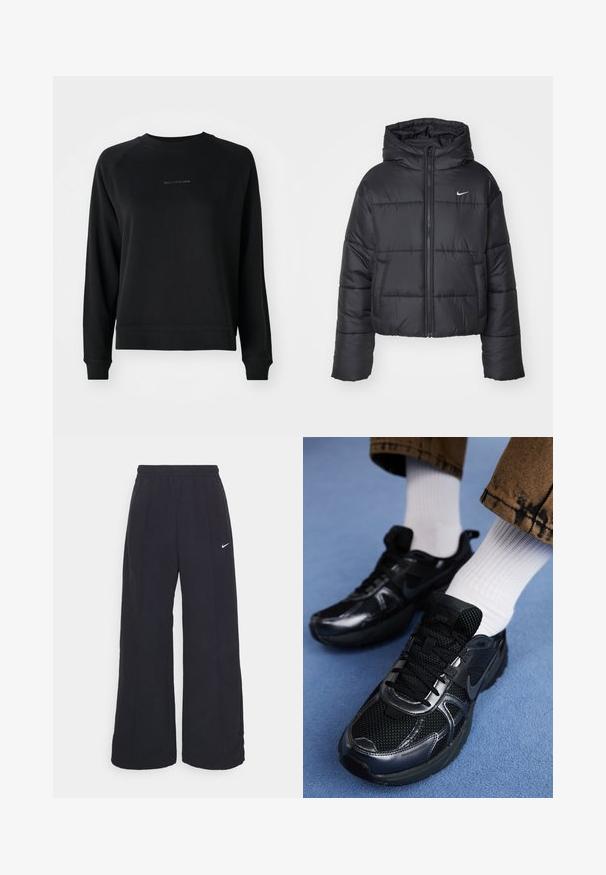 Czarna kurtka puchowa wykonana z nylonu, z zapięciem na zamek, kapturem i dwiema przednimi kieszeniami. Projekt zawiera przeszywane sekcje oraz małe logo.; Czarna bluza z długimi rękawami, ściągaczami przy mankietach i w dolnej części. Z przodu subtelne logo w szarym kolorze. Miękka tkanina z mieszanki bawełny.; Czarne spodnie typu wide-leg z elastycznym pasem i małym białym logo Nike. Materiał ma gładką teksturę, zaprojektowany z myślą o komforcie i codziennym noszeniu.; Czarne buty sportowe Nike mają siateczkową cholewkę z błyszczącymi akcentami, czarne sznurówki i teksturowaną podeszwę. Połączone z białymi, prążkowanymi skarpetami.