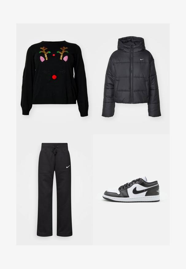 Czarna kurtka puchowa wykonana z nylonu, z zapięciem na zamek, kapturem i dwiema przednimi kieszeniami. Projekt zawiera przeszywane sekcje oraz małe logo.; Czarny sweter z motywem renifera, z odblaskowymi rogami, czerwoną pomponową noskiem i różowymi akcentami na uszach. Miękka faktura, długie rękawy.; Czarne dresy wykonane z mieszanki bawełny, z elastycznym pasem ze sznurkiem, prostymi nogawkami i białym logo Nike po lewej stronie.; Czarno-białe niskie sneakersy Nike mają górną część wykonaną z gładkiej skóry, okrągły czubek, związane zapięcie oraz wzorzystą gumową podeszwę.