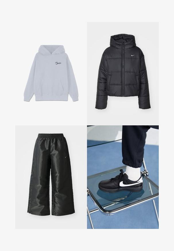 Giubbotto imbottito nero in nylon, con zip frontale, cappuccio e due tasche frontali. Il design presenta sezioni cucite e un piccolo logo.; Felpa grigia chiara in cotone misto, con tasca a canguro frontale, cappuccio con lacci e un piccolo logo nero in corsivo sul petto.; Pantaloni sportivi neri con un tessuto lucido e morbido, dotati di una vita elasticizzata, gambe larghe e un piccolo logo sul lato sinistro.; Sneakers Nike neri con accenti bianchi, caratterizzati da una superficie in pelle liscia, design con lacci e punta rotonda, posizionati su una sedia di vetro.