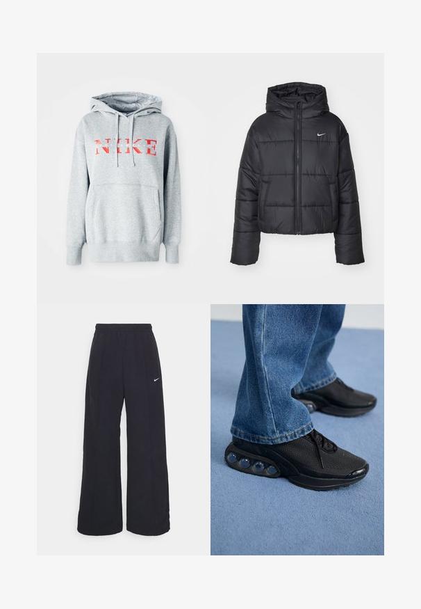 Casaco puffer preto feito de nylon, com fecho éclair à frente, capuz e dois bolsos frontais. O design inclui secções cosidas e um pequeno logo.; Sweatshirt cinzento com capuz, apresentando "NIKE" em texto vermelho em negrito e "SPORTSWEAR" em texto branco menor. Inclui um bolso canguru à frente.; Calças largas pretas com um cós elástico e um pequeno logótipo branco da Nike. O tecido tem uma textura suave, projetado para conforto e uso casual.; Ténis atléticos pretos com parte superior em malha, detalhes texturizados e almofadas de amortecimento de ar visíveis na sola. Usados com uns jeans de ganga azuis.