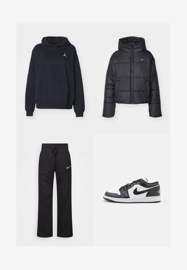 Czarna kurtka puchowa wykonana z nylonu, z zapięciem na zamek, kapturem i dwiema przednimi kieszeniami. Projekt zawiera przeszywane sekcje oraz małe logo.; Czarna bluza z kapturem wykonana z miękkiego materiału, z przednią kieszenią typu kangur i małym białym logo Jordana na klatce piersiowej.; Czarne dresy wykonane z mieszanki bawełny, z elastycznym pasem ze sznurkiem, prostymi nogawkami i białym logo Nike po lewej stronie.; Czarno-białe niskie sneakersy Nike mają górną część wykonaną z gładkiej skóry, okrągły czubek, związane zapięcie oraz wzorzystą gumową podeszwę.