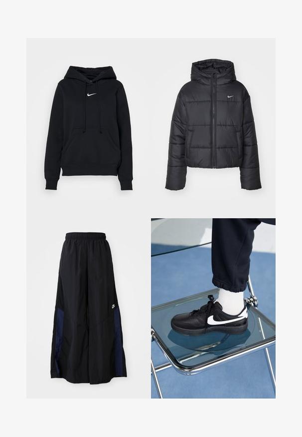 Černá péřová bunda vyrobená z nylonu, s předním zipem, kapucí a dvěma předními kapsami. Design zahrnuje prošívané části a malé logo.; Nike Sportswear HOODIE - Mikina s kapucí - black; Černé kalhoty širokého střihu vyrobené z lehkého materiálu, s námořnickou modrou bočním panelem a elastickým pasem. Malé bílé logo na spodní části.; Černé tenisky Nike s bílými akcenty, s hladkou koženou texturou, šněrovacím designem a zaoblenou špičkou, umístěné na skleněné židli.
