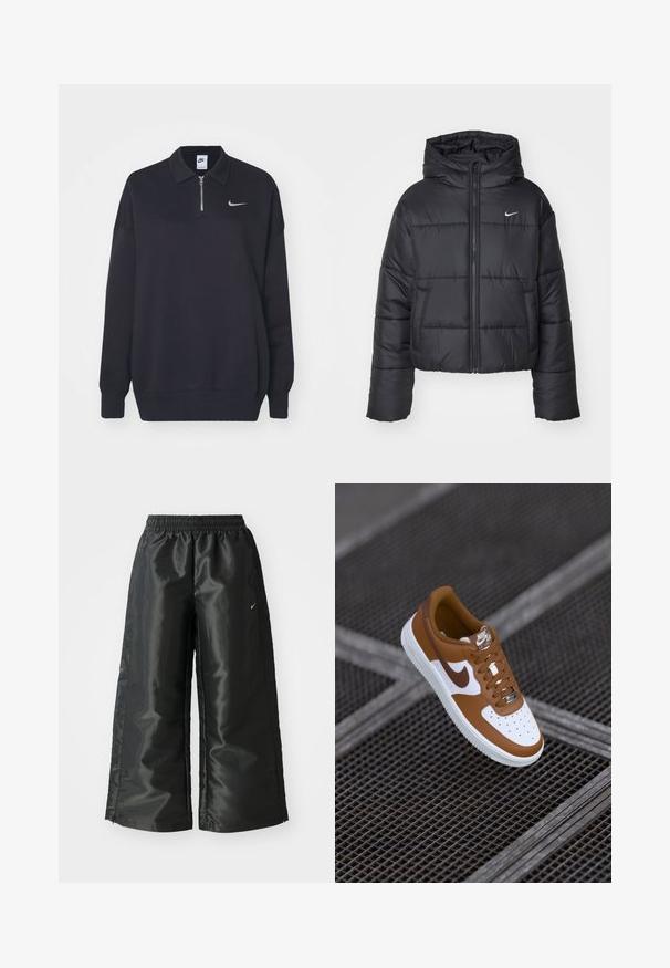 Črna pufasta jakna iz najlona, z zadrgo spredaj, kapuco in dvema sprednjima žepoma. Oblikovanje vključuje šivane dele in majhen logotip.; Nike Sportswear Športni pulover - black/sail; Črne atletske hlače iz sijočega, gladkega blaga, z elastiko v pasu, širokimi nogami in majhnim logotipom na levi strani.; Rjavi usnjeni škornji z belimi poudarki, zaobljenim nosom, perforacijami, vezanjem in logotipom Nike Air na jeziku in strani. Teksturiran podplat.