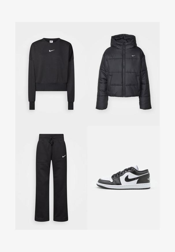 Czarna kurtka puchowa wykonana z nylonu, z zapięciem na zamek, kapturem i dwiema przednimi kieszeniami. Projekt zawiera przeszywane sekcje oraz małe logo.; Czarny krótki sweatshirt wykonany z mieszanki bawełny, z okrągłym dekoltem, długimi rękawami i białym logo Nike na piersi.; Czarne dresy wykonane z mieszanki bawełny, z elastycznym pasem ze sznurkiem, prostymi nogawkami i białym logo Nike po lewej stronie.; Czarno-białe niskie sneakersy Nike mają górną część wykonaną z gładkiej skóry, okrągły czubek, związane zapięcie oraz wzorzystą gumową podeszwę.