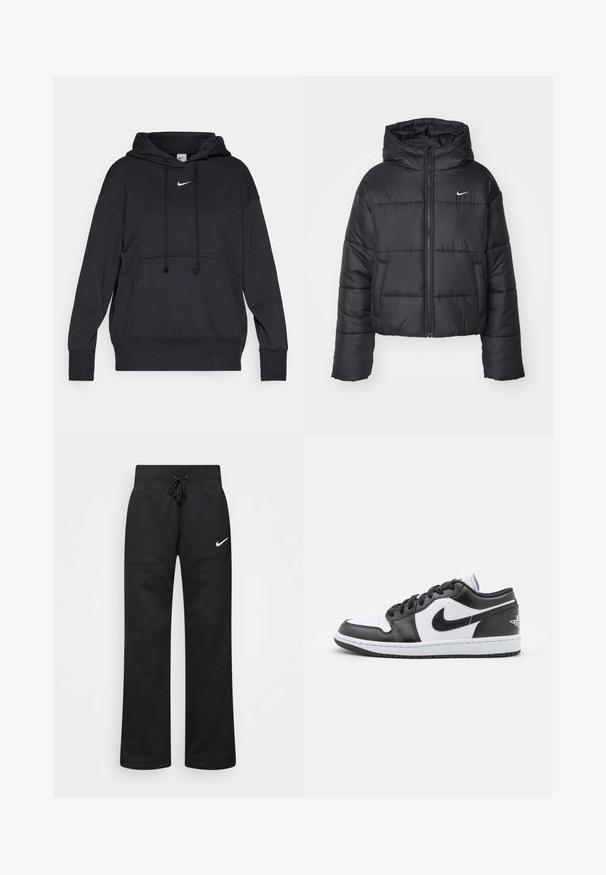 Veste matelassée noire en nylon, avec fermeture éclair sur le devant, capuche et deux poches avant. Le design comprend des sections cousues et un petit logo.; Hoodie Nike noir avec capuche à cordon, poche avant et logo blanc sur la poitrine. Fabriqué en tissu doux et texturé.; Pantalons de survêtement noirs en mélange de coton, dotés d'une taille élastique avec cordon de serrage, de jambes droites et d'un logo Nike blanc sur le côté gauche.; Des baskets basses Nike en noir et blanc présentent un cuir lisse sur le dessus, un bout rond, un système de laçage et une semelle extérieure en caoutchouc à motifs.