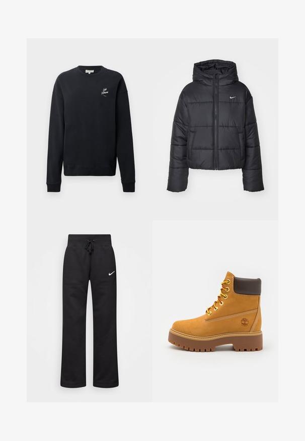 Chaqueta de plumas negra hecha de nailon, con cierre de cremallera frontal, capucha y dos bolsillos delanteros. El diseño incluye secciones cosidas y un pequeño logotipo.; Sudadera negra, material de algodón, cuello redondo, mangas largas, puños acanalados, con detalle del logo en blanco en el lado izquierdo del pecho. Textura suave, diseño minimalista.; Pantalones de chándal negros hechos de una mezcla de algodón, con una cintura elástica ajustable, piernas rectas y un logo blanco de Nike en el lado izquierdo.; Botín impermeable color marrón claro con una suela de goma robusta, punta redonda, cuello de cuero marrón, cordones amarillos y un logo en el lateral.