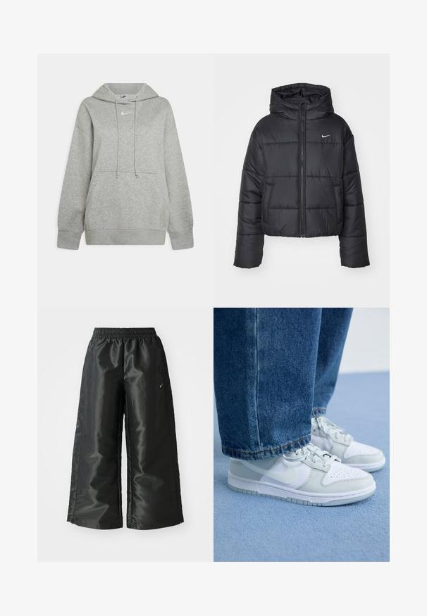 Jachetă puffer neagră din nailon, cu fermoar în față, glugă și două buzunare frontale. Designul include secțiuni cusute și un mic logo.; Hanorac gri cu glugă, fabricat dintr-un material moale, având o buzunar frontal tip pungă, șnururi ajustabile și un mic logo alb pe piept.; Pantaloni sportivi negri dintr-un material lucios si neted, dotati cu o talie elastica, picioare late si un logo mic pe partea stanga.; Tenisi Nike din piele albă și gri deschis, cu vârful perforat, șireturi plate și talpă din cauciuc, asortați cu blugi din denim albastru.