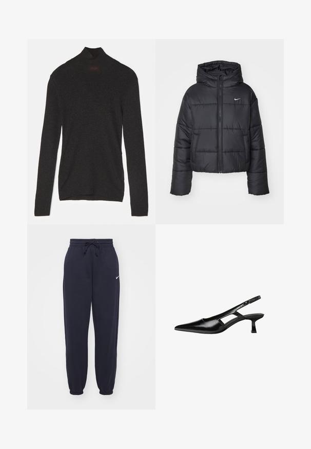 Čierna prešívaná bunda vyrobená z nylonu, s predným zipsom, kapucňou a dvoma prednými vreckami. Dizajn obsahuje prešité časti a malé logo.; Čierny dlhý rukáv s rolákom vyrobený z jemnej tkaniny s jemným leskom. Má priliehavý strih a vysoký golier.; Nike tepláky v námornej modrej farbe, vyrobené z mäkkého materiálu. Obsahujú elastický pás s šnúrkou a sťahovacie nohavice. Malý biely logotyp ako akcent.; Čierne lakované kožené lodičky na podpätku s špicatou špičkou, výrezovým dizajnom na boku a malým štvorcovým podpätkom. Hladký povrch s minimálnymi akcentmi.