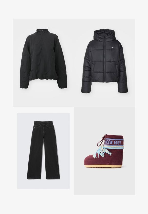 Černá péřová bunda vyrobená z nylonu, s předním zipem, kapucí a dvěma předními kapsami. Design zahrnuje prošívané části a malé logo.; Nike Sportswear COZY LOGO - Mikina - black; Široké černé džíny z denimu s vypasovaným pasem, pevnou tkaninou, předními kapsami a detaily v zlatém odstínu.; Bordové semišové Moon Boot s světle modrými a krémovými tkaničkami omotanými kolem kotníku, modrým logem na pásce a béžovou podrážkou na bílém pozadí.