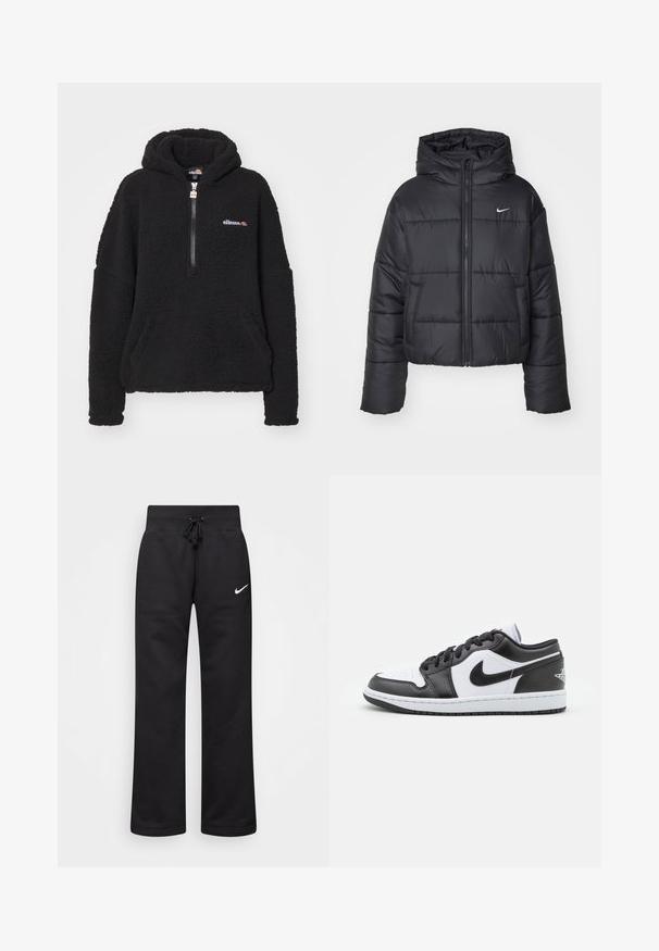 Črna pufasta jakna iz najlona, z zadrgo spredaj, kapuco in dvema sprednjima žepoma. Oblikovanje vključuje šivane dele in majhen logotip.; Črna flis jopica s četrtim zadrgo, kenguru žepom in kontrastnim logotipom. Mehka tekstura in prevelik dizajn za toploto in udobje.; Črne trenirke iz mešanice bombaža, z elastičnim pasom na vrvico, ravnimi nogami in belim logotipom Nike na levi strani.; Črno-bele nizke Nike superge imajo gladek usnjen zgornji del, okroglo konico, vezalni sistem in vzorčasto gumijasto podplat.