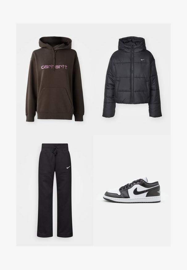 Must värvi puffer-jakk, mis on valmistatud nailonist, omab lukuga esiosa, kapuutsi ja kahte esimest taskut. Disain sisaldab õmmeldud sektsioone ja väikest logo.; Pruun kapuutsiga sviiter, millel on ees känguru tasku, särades roosa kirjaga brändi "carhartt". Valmistatud pehmest kangast, tekstuuriga viimistlus.; Mustad puuvillasegistusega mustad dressipüksid, millel on paelaga vöökoht, sirged jalad ja vasakul küljel valge Nike logo.; Mustvalged mustade ja valgete Nike madala profiiliga teniseketsid, millel on sile nahast ülemine osa, ümar varvas, paeltega kinnitamine ja mustriline kummist välistald.