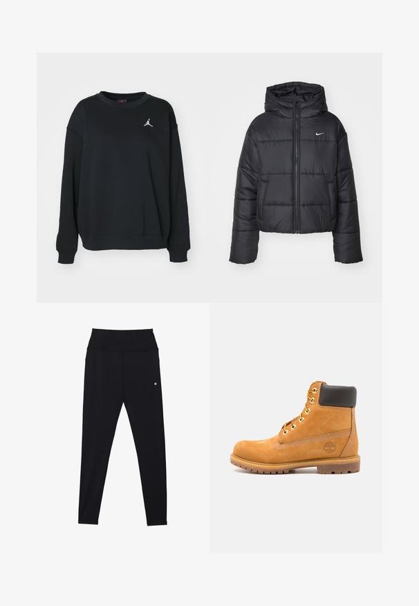 Giubbotto imbottito nero in nylon, con zip frontale, cappuccio e due tasche frontali. Il design presenta sezioni cucite e un piccolo logo.; Felpa nera in cotone, con scollo rotondo, maniche lunghe, polsini e orlo a coste, caratterizzata dal logo Jumpman bianco sul petto.; Leggings nere con vita alta, realizzate in tessuto elasticizzato. Presentano cuciture sottili e un piccolo logo vicino alla vita.; Stivale alla caviglia in pelle marrone con imbottitura nera, occhielli dorati e suola texturizzata. Presenta un logo circolare su un lato e dettagli di cucitura.