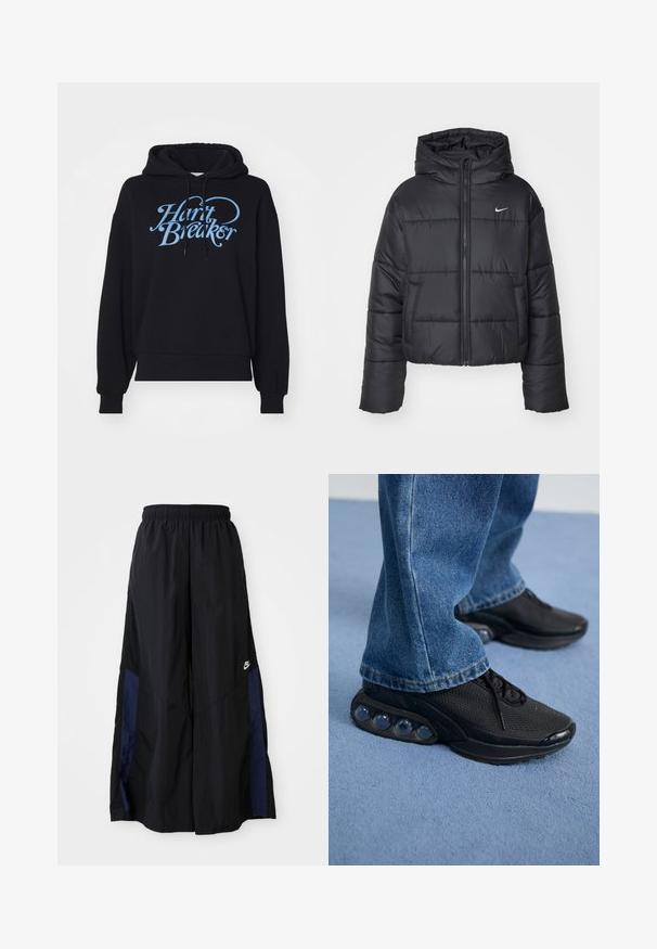 Czarna kurtka puchowa wykonana z nylonu, z zapięciem na zamek, kapturem i dwiema przednimi kieszeniami. Projekt zawiera przeszywane sekcje oraz małe logo.; Czarna bluza z kapturem o luźnym kroju, z jasnoniebieską grafiką "Heart Breaker" z przodu. Wykonana z miękkiego, teksturowanego materiału.; Czarne spodnie szerokie wykonane z lekkiego materiału, z granatowym bocznym panelem i elastycznym paskiem w talii. Małe białe logo na dole.; Czarne sportowe sneakersy z siateczkową cholewką, teksturowanymi akcentami i widocznymi poduszkami powietrznymi w podeszwie. Noszone z niebieskimi dżinsami.