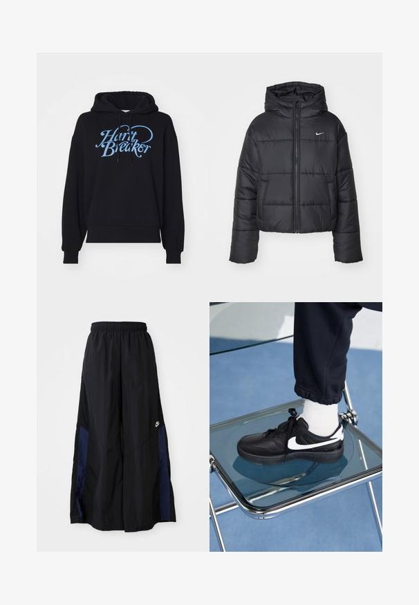 Giubbotto imbottito nero in nylon, con zip frontale, cappuccio e due tasche frontali. Il design presenta sezioni cucite e un piccolo logo.; Felpa nera con cappuccio e vestibilità ampia, caratterizzata da una grafica "Heart Breaker" in azzurro chiaro sul davanti. Realizzata in tessuto morbido e texturizzato.; Pantaloni neri a gamba larga realizzati in tessuto leggero, con un pannello laterale blu navy e una cintura elastica. Piccolo logo bianco sul fondo.; Sneakers Nike neri con accenti bianchi, caratterizzati da una superficie in pelle liscia, design con lacci e punta rotonda, posizionati su una sedia di vetro.