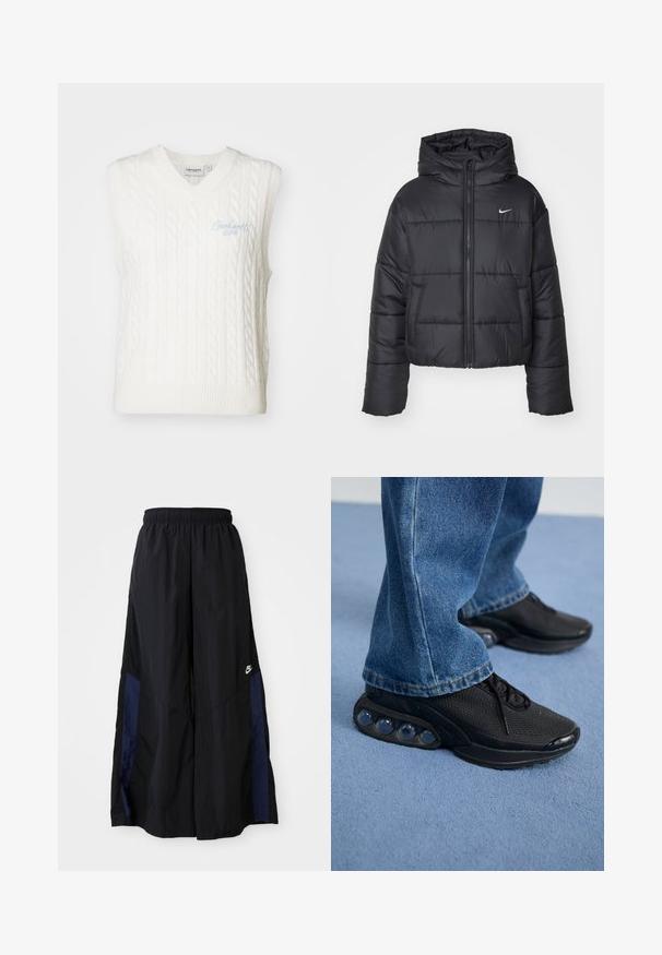 Black puffer jacket made of nylon, featuring a zip front, hood, and two front pockets. The design includes stitched sections and a small logo.; White sleeveless sweater vest with a V-neck and cable knit design. Features light blue embroidered branding on the front. Textured knit fabric.; Black wide-leg pants made of lightweight fabric, featuring a navy blue side panel and an elastic waistband. Small white logo on bottom.; Black athletic sneakers with mesh upper, textured accents, and visible air cushioning pods in the sole. Worn with blue denim jeans.