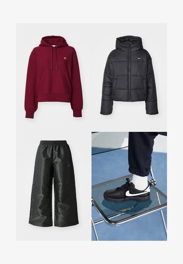Giubbotto imbottito nero in nylon, con zip frontale, cappuccio e due tasche frontali. Il design presenta sezioni cucite e un piccolo logo.; Felpa con cappuccio color bordeaux in misto cotone, dotata di tasca frontale tipo kangaroo, polsini a costine e logo ricamato sul petto.; Pantaloni sportivi neri con un tessuto lucido e morbido, dotati di una vita elasticizzata, gambe larghe e un piccolo logo sul lato sinistro.; Sneakers Nike neri con accenti bianchi, caratterizzati da una superficie in pelle liscia, design con lacci e punta rotonda, posizionati su una sedia di vetro.