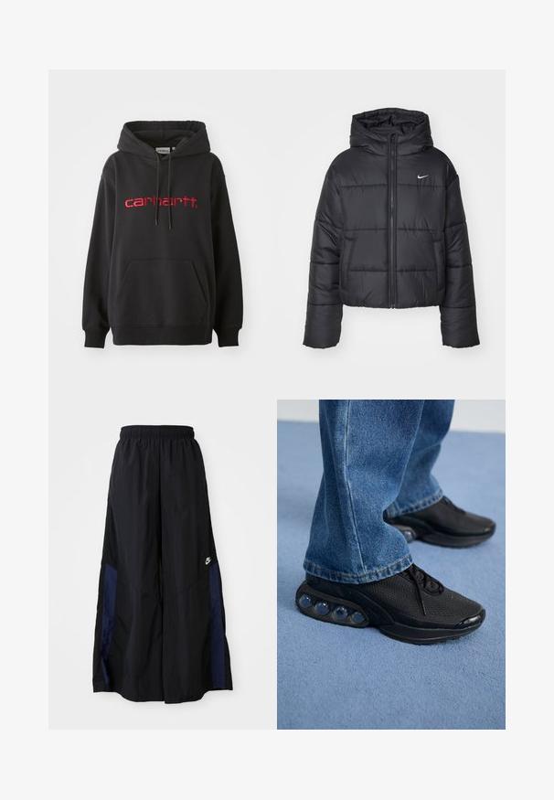 Černá péřová bunda vyrobená z nylonu, s předním zipem, kapucí a dvěma předními kapsami. Design zahrnuje prošívané části a malé logo.; Černá mikina z bavlněné směsi, s přední kapsou, žebrovanými manžetami a červeným vyšívaným logem "carhartt" na hrudi.; Černé kalhoty širokého střihu vyrobené z lehkého materiálu, s námořnickou modrou bočním panelem a elastickým pasem. Malé bílé logo na spodní části.; Černé sportovní tenisky s síťovaným svrškem, texturovanými akcenty a viditelnými vzduchovými polštářky v podešvi. Nosené s modrými denimovými džíny.