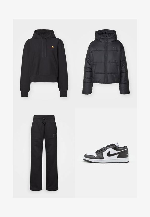 Chaqueta de plumas negra hecha de nailon, con cierre de cremallera frontal, capucha y dos bolsillos delanteros. El diseño incluye secciones cosidas y un pequeño logotipo.; Sudadera corta negra de tejido suave, con un bolsillo canguro, capucha con cordón y logo bordado en amarillo y rojo.; Pantalones de chándal negros hechos de una mezcla de algodón, con una cintura elástica ajustable, piernas rectas y un logo blanco de Nike en el lado izquierdo.; Las zapatillas Nike de corte bajo en blanco y negro presentan un upper de cuero suave, puntera redonda, cierre con cordones y una suela de goma con patrón.