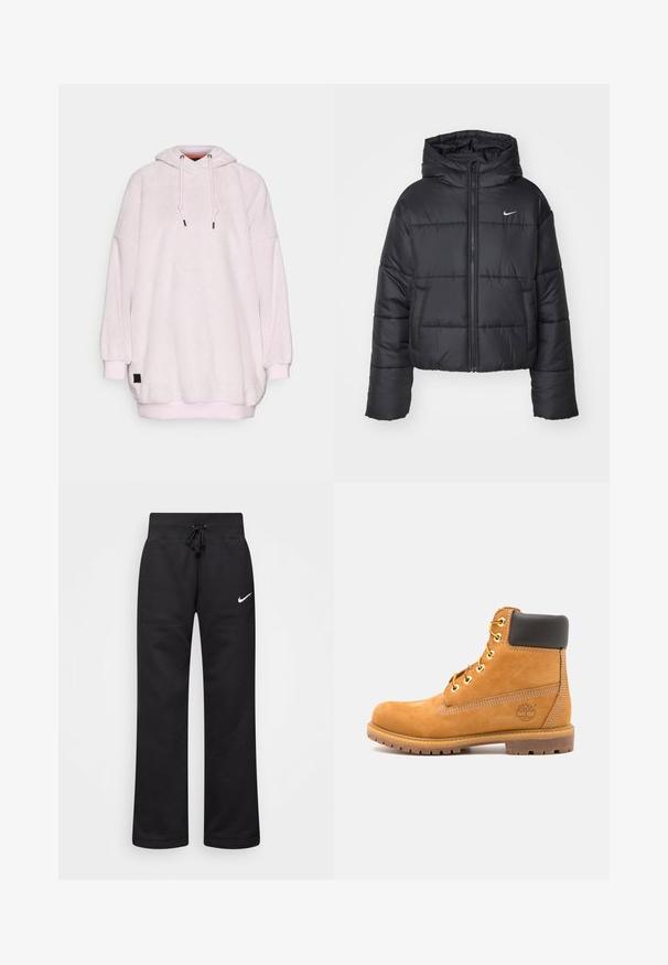 Giubbotto imbottito nero in nylon, con zip frontale, cappuccio e due tasche frontali. Il design presenta sezioni cucite e un piccolo logo.; Felpa con cappuccio, rosa chiaro, realizzata in un morbido tessuto testurizzato. Vestibilità ampia, con polsini e fondo elasticizzati. Presenta una toppa con logo nera sul lato.; Pantaloni sportivi neri realizzati in misto cotone, con vita elasticizzata regolabile, gambe dritte e logo bianco Nike sul lato sinistro.; Stivale alla caviglia in pelle marrone con imbottitura nera, occhielli dorati e suola texturizzata. Presenta un logo circolare su un lato e dettagli di cucitura.