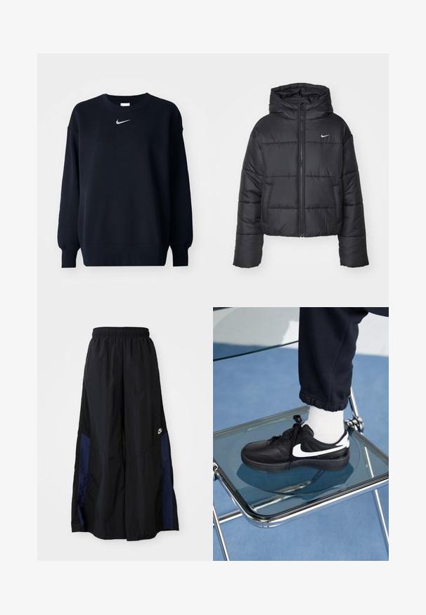 Giubbotto imbottito nero in nylon, con zip frontale, cappuccio e due tasche frontali. Il design presenta sezioni cucite e un piccolo logo.; Felpa nera in misto cotone; con collo a girocollo a costine, maniche lunghe e polsini elastici; presenta un piccolo logo Nike argentato sul petto.; Pantaloni neri a gamba larga realizzati in tessuto leggero, con un pannello laterale blu navy e una cintura elastica. Piccolo logo bianco sul fondo.; Sneakers Nike neri con accenti bianchi, caratterizzati da una superficie in pelle liscia, design con lacci e punta rotonda, posizionati su una sedia di vetro.