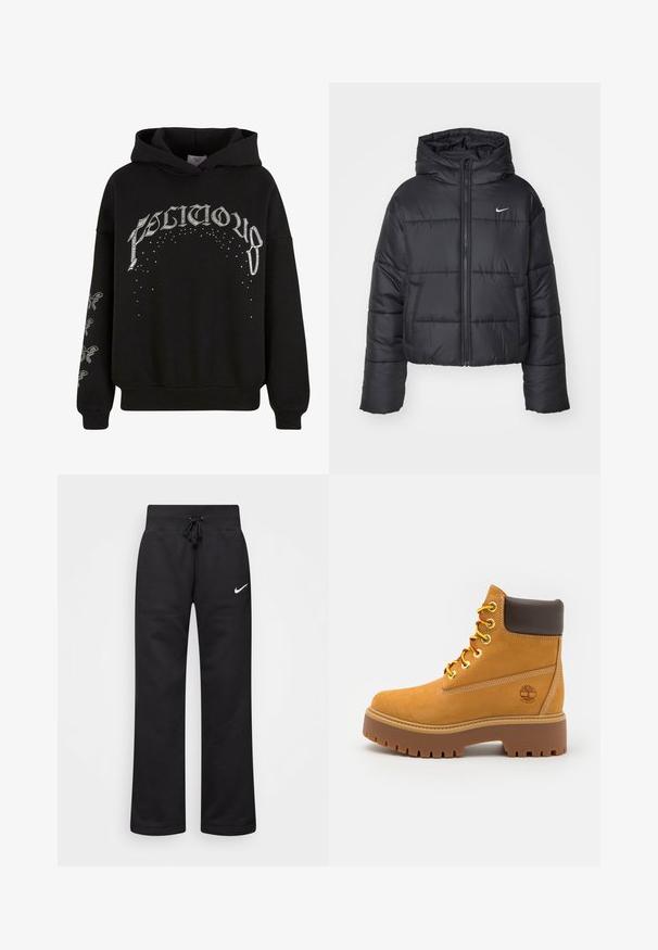 Svart boblejakke laget av nylon, med glidelås i front, hette og to frontlommer. Designet inkluderer sydd seksjoner og en liten logo.; Svart hettegenser laget av myk stoff, med hvit trykt tekst og mønstre, samt detaljer i akcent på ermene.; Sorte joggebukser laget av en bomullsblanding, med strikk i midjen, rette ben, og en hvit Nike-logo på venstre side.; Tan vanntette ankelstøvler med en solid gummisåle, rund tå, brun lærkrage, gule snøresystemer og en logo på siden.