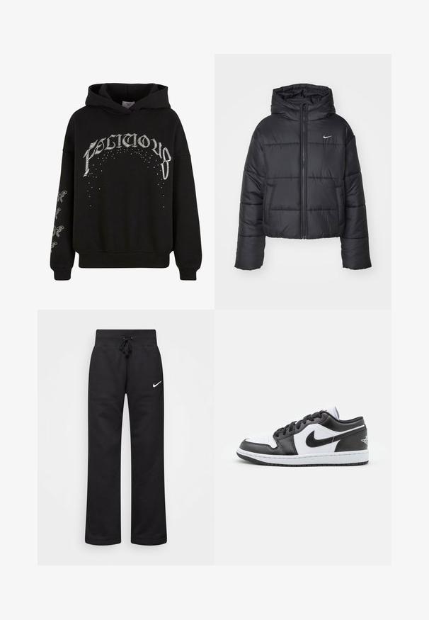 Svart boblejakke laget av nylon, med glidelås i front, hette og to frontlommer. Designet inkluderer sydd seksjoner og en liten logo.; Svart hettegenser laget av myk stoff, med hvit trykt tekst og mønstre, samt detaljer i akcent på ermene.; Sorte joggebukser laget av en bomullsblanding, med strikk i midjen, rette ben, og en hvit Nike-logo på venstre side.; Sorte og hvite Nike lave sneakers har en glatt læroverdel, rund tå, snøring og en mønstret gummisåle.
