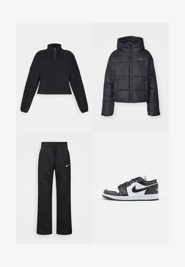 Zwarte pufferjack van nylon, met een rits aan de voorkant, een capuchon en twee vo pockets. Het ontwerp heeft gestikte secties en een klein logo.; Zwarte fleece pullover met een opstaande kraag en een half rits. Heeft lange mouwen, een cropped ontwerp en een gladde, zachte textuur.; Zwarte sweatpants van een katoenmix, voorzien van een tailleband met koord, rechte pijpen, en een wit Nike-logo aan de linkerzijde.; Zwart-witte Nike lage sneakers hebben een glad leren bovenwerk, een ronde neus, vetersluiting en een gestippelde rubberen zool.