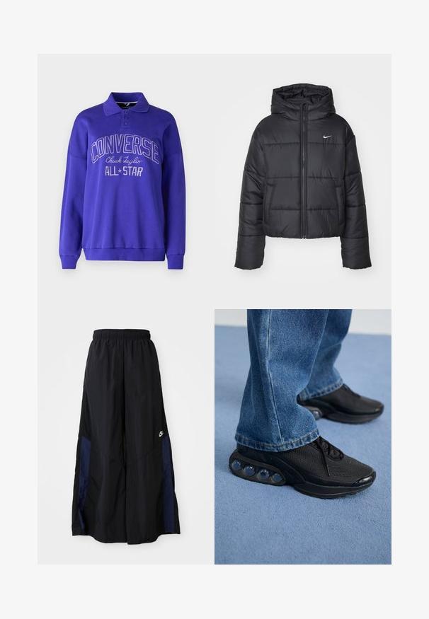 Chaqueta de plumas negra hecha de nailon, con cierre de cremallera frontal, capucha y dos bolsillos delanteros. El diseño incluye secciones cosidas y un pequeño logotipo.; Sudadera morada con cuello, mangas largas y puños acanalados. Presenta el texto en relieve "CONVERSE Chuck Taylor ALL STAR" en la parte frontal.; Pantalones de pierna ancha negros, confeccionados en una tela ligera, con un panel lateral azul marino y una cinturilla elástica. Logotipo blanco pequeño en la parte inferior.; Zapatillas deportivas negras con parte superior de malla, acentos texturizados y cápsulas de amortiguación de aire visibles en la suela. Combinadas con jeans de mezclilla azul.