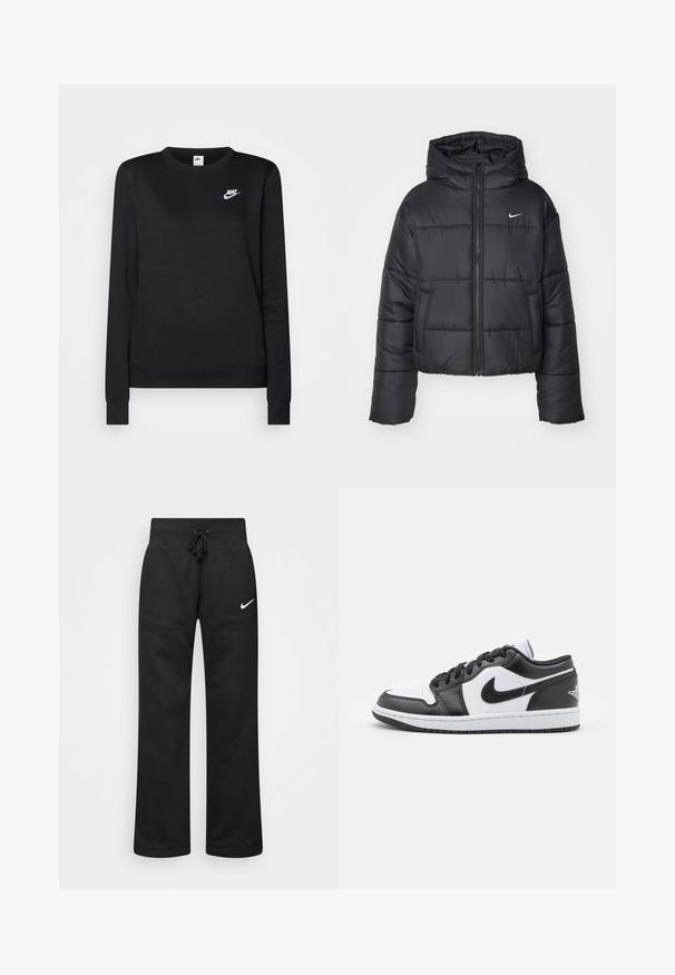 Casaco puffer preto feito de nylon, com fecho éclair à frente, capuz e dois bolsos frontais. O design inclui secções cosidas e um pequeno logo.; Sweatshirt preto feito de tecido suave, com gola redonda, mangas longas e um pequeno logótipo branco da Nike no peito.; Calças de moletão pretas feitas de uma mistura de algodão, com um cós elástico ajustável, pernas retas e um logo da Nike branco no lado esquerdo.; As sapatilhas Nike de cano baixo, em preto e branco, apresentam um cabedal em couro liso, bico redondo, fecho com atacadores e uma sola de borracha com padrão.