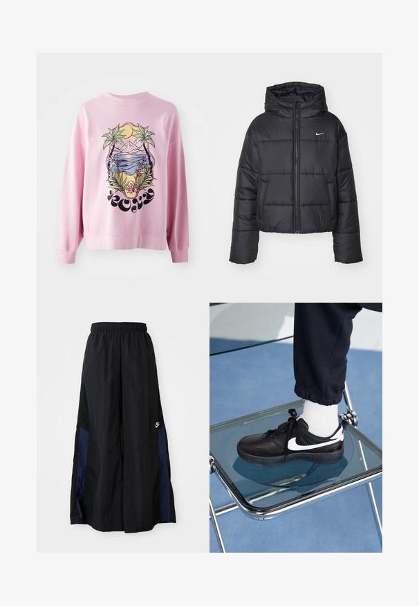 Czarna kurtka puchowa wykonana z nylonu, z zapięciem na zamek, kapturem i dwiema przednimi kieszeniami. Projekt zawiera przeszywane sekcje oraz małe logo.; Różowa bluza z żywym graficznym wzorem palm i sceną plażową z górami, słońcem oraz florystycznymi detalami. Długie rękawy i ściągacze.; Czarne spodnie szerokie wykonane z lekkiego materiału, z granatowym bocznym panelem i elastycznym paskiem w talii. Małe białe logo na dole.; Czarne sneakersy Nike z białymi akcentami, charakteryzujące się gładką skórzaną teksturą, zawiązywaną konstrukcją i zaokrąglonym noskiem, umieszczone na szklanym krześle.