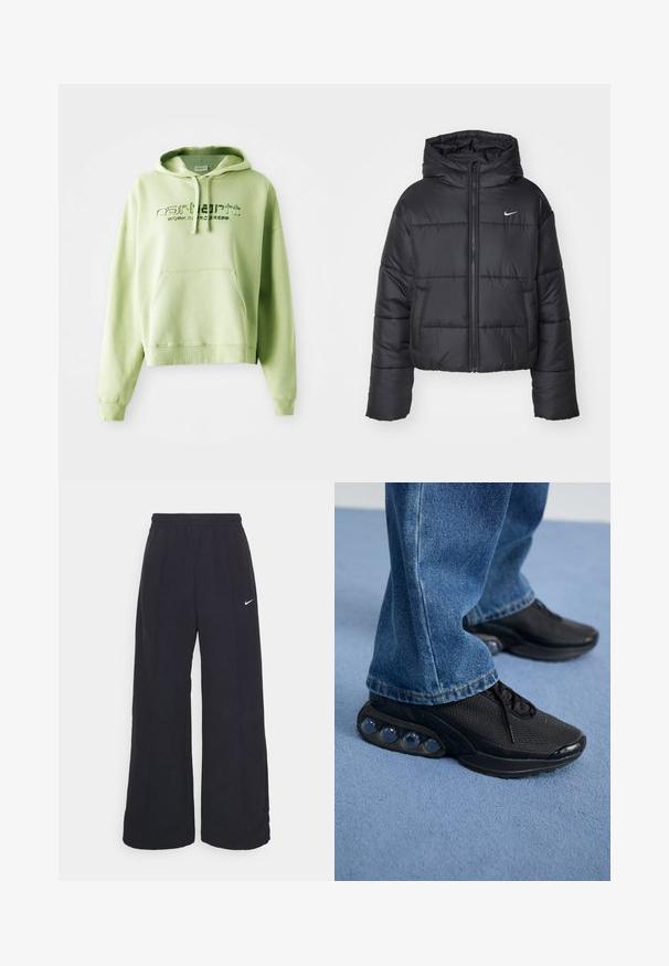 Črna pufasta jakna iz najlona, z zadrgo spredaj, kapuco in dvema sprednjima žepoma. Oblikovanje vključuje šivane dele in majhen logotip.; Svetlo zelena kapuca iz mešanice bombaža. Ima kenguru žep, kapuco s vrvico in vezeno besedilo logotipa "Carhartt Work in Progress."; Črne široke hlače s elastiko v pasu in malim belim logotipom Nike. Tkanina ima gladko teksturo, zasnovano za udobje in sproščeno nošenje.; Črne športne superge z mrežastim zgornjim delom, teksturiranimi poudarki in vidnimi zračnimi blazinicami v podplatu. Obute z modrimi kavbojkami.