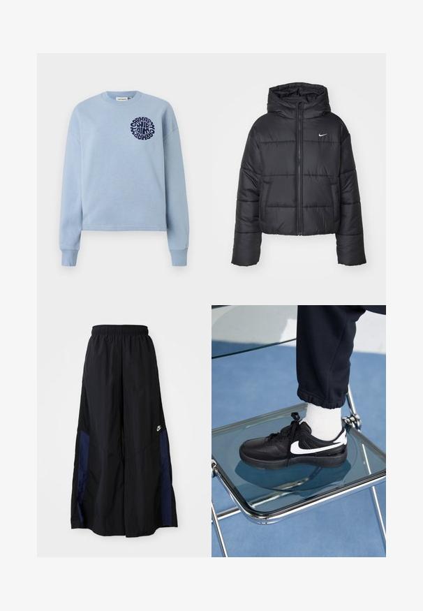 Zwarte pufferjack van nylon, met een rits aan de voorkant, een capuchon en twee vo pockets. Het ontwerp heeft gestikte secties en een klein logo.; Lichtblauwe katoenen sweatshirt met lange mouwen en een ronde hals. Heeft een marineblauw cirkelvormig grafisch ontwerp op de linkerborst. Zachte textuur.; Zwarte wijdlopende broek van lichtgewicht stof, met een marineblauwe zijpaneel en een elastische tailleband. Klein wit logo onderaan.; Zwarte Nike sneakers met witte accenten, met een gladde leren textuur, vetersluiting en ronde neus, geplaatst op een glazen stoel.