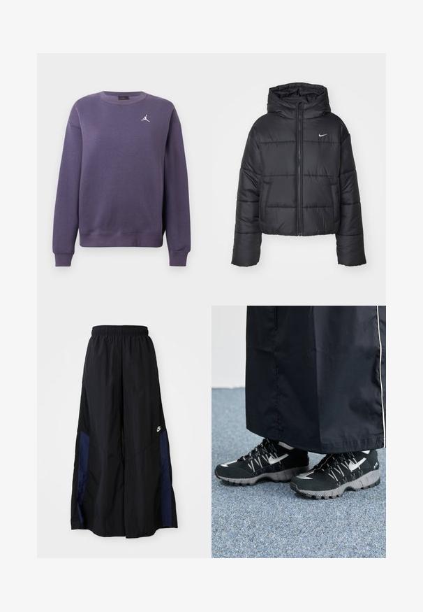 Crna puf jakna izrađena od najlona, s patentnim zatvaračem sprijeda, kapuljačom i dva prednja džepa. Dizajn uključuje šivene dijelove i mali logo.; Ljubičasti dukserica napravljena od mješavine pamuka, s okruglim izrezom, dugim rukavima, rebrastim manžetama i bijelim logotipom na prsima.; Crne hlače širokih nogavica izrađene od lagane tkanine, sa tamnoplavim bočnim panelom i elastičnom stražnjom trakom. Mali bijeli logo je na dnu.; Crne atletske cipele s teksturiranim gornjim dijelom, srebrnim akcentima i šarenim potplatom, uparenim s dugom crnom odjećom. Postavljeno na plavi tepih.