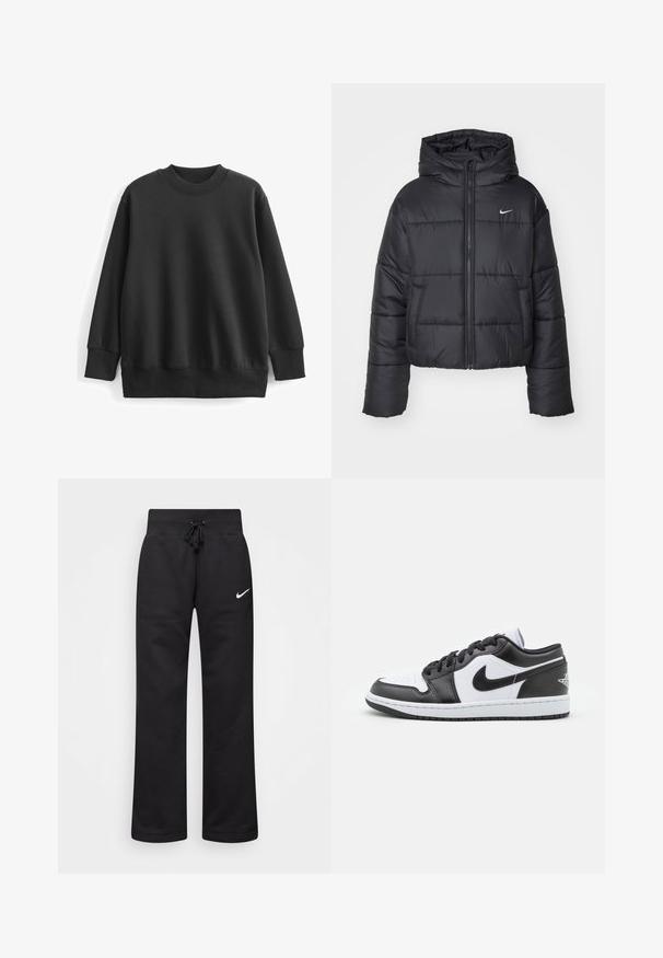 Must värvi puffer-jakk, mis on valmistatud nailonist, omab lukuga esiosa, kapuutsi ja kahte esimest taskut. Disain sisaldab õmmeldud sektsioone ja väikest logo.; Must must, mis on valmistatud puuvillasegistusest. Omab ümmargust soonikkoes kaelust, pikki varrukasid ning lõdva istuvusega disaini, millel on soonikkoes mansetid ja alumine äär.; Mustad puuvillasegistusega mustad dressipüksid, millel on paelaga vöökoht, sirged jalad ja vasakul küljel valge Nike logo.; Mustvalged mustade ja valgete Nike madala profiiliga teniseketsid, millel on sile nahast ülemine osa, ümar varvas, paeltega kinnitamine ja mustriline kummist välistald.